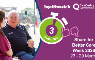 A man in blue shirt with glasses sits on a bench looking at the camera in conversation with a woman in pink scrubs sitting next to him looking away from the camera.